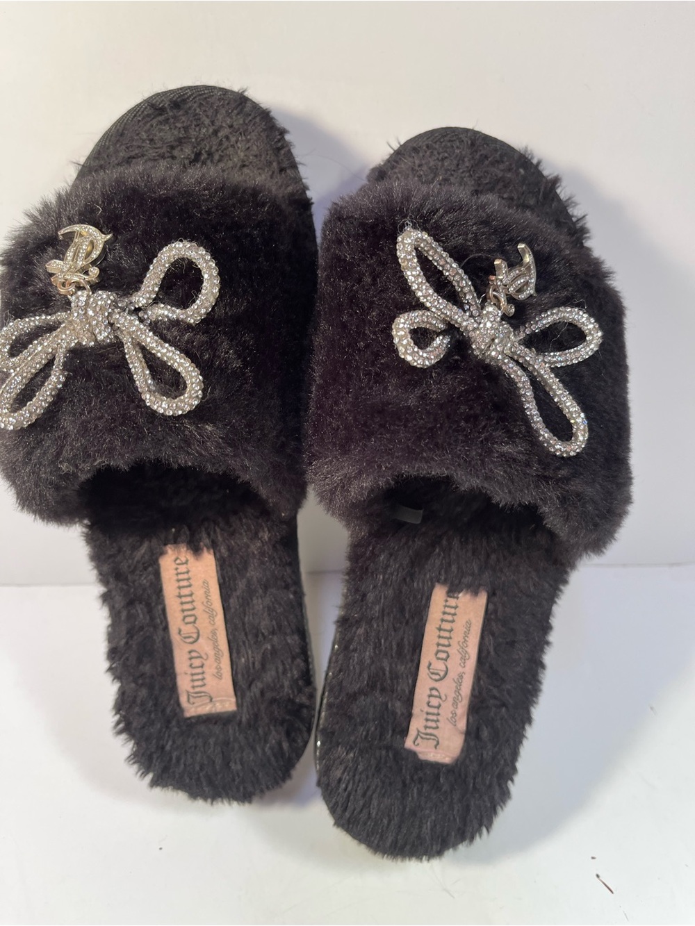 Juicy Couture Black Faux Fur Slide Slippers with Crystal Bow Embellishments
